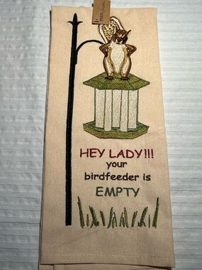 Park Lane Beige Kitchen Towel with Multicolor Embroidered Squirrel & Birdfeeder